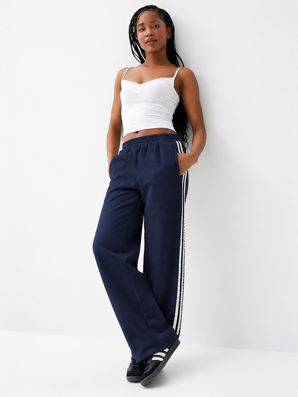twik lace side stripe wide leg sweatpants in navy blue | organic cotton